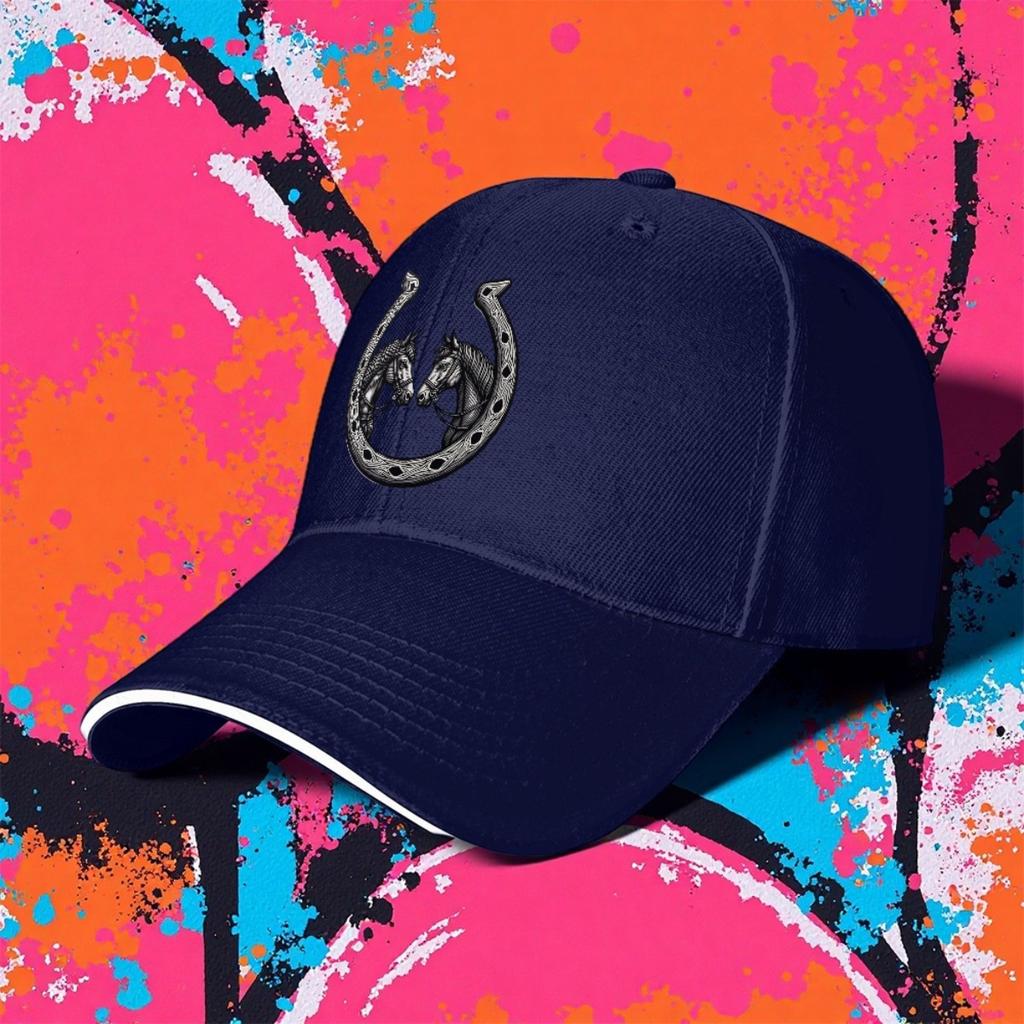 Ladies Stylish Black Baseball Cap with Horse and Horseshoe Icons Adjustable Lightweight Polyester Cap with Airy Design for