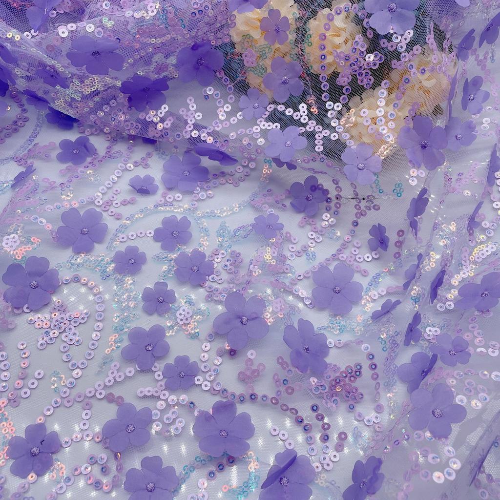 3D Three-Dimensional Sequined Petal Accessories Embroidery White Mesh Mesh Cloth Background Decoration Fashion Stage Clothing Fabric