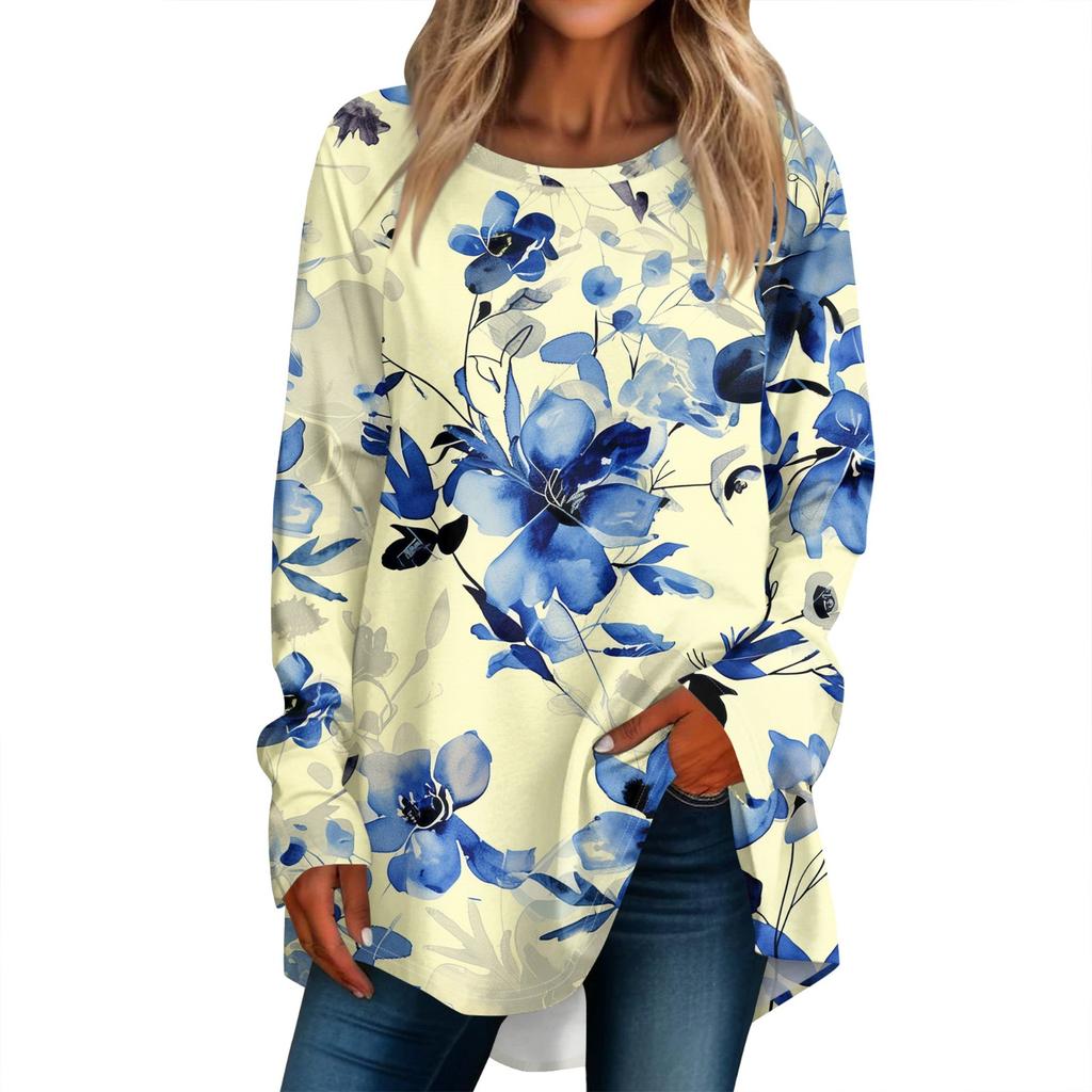 Women's Casual  Plus Size Long Sleeved Round Neck Printed T-shirt Top Pullover