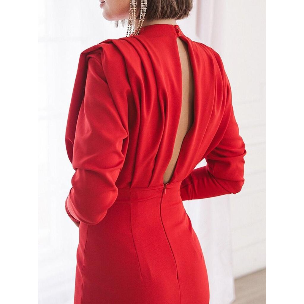 Spring Summer Women's Fashion Dress, European American Style High Neck Slit Long Maxi Dress, Casual Wear