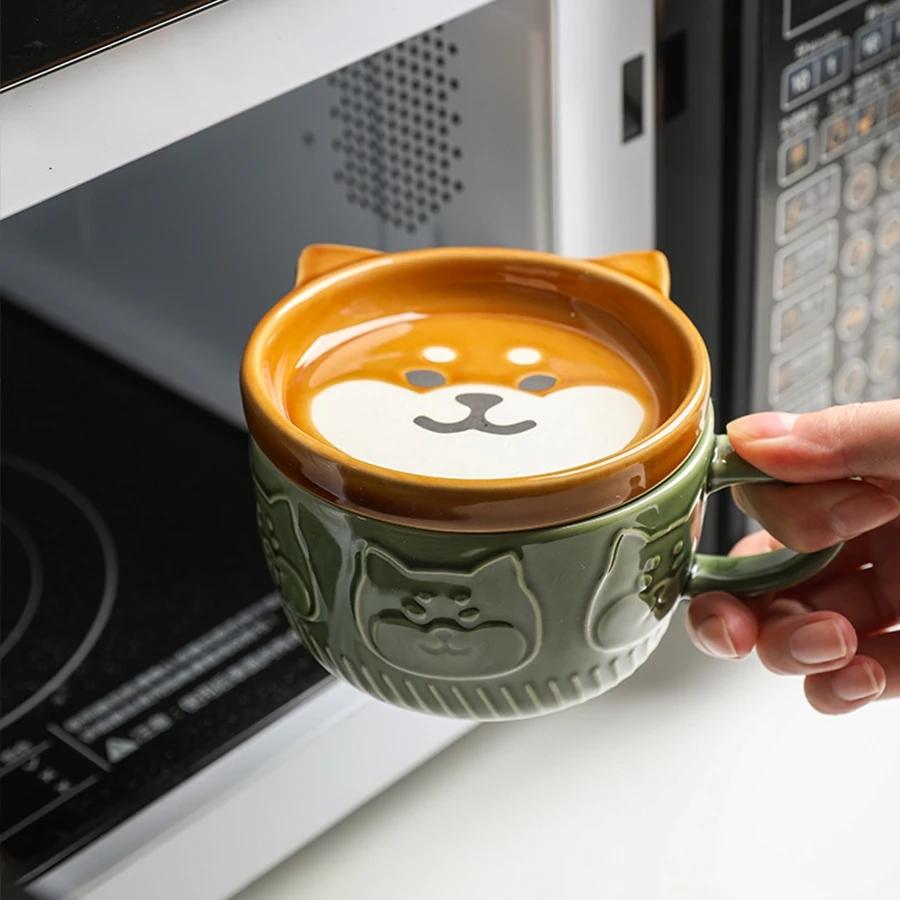 Японская мультяшная кофейная кружка с рисунком кошки, крышкой и маленькой тарелкой, милая чашка для завтрака, креативная кофейная чашка, чашка для молока, подарок