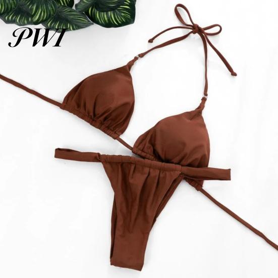 Summer Swimming Suit 2 Pcs/Set Women Bikini Set Pleated Solid Color Lace Up High Waist Bathing Spaghetti Strap Halter Neck Push Water Sports Clothes