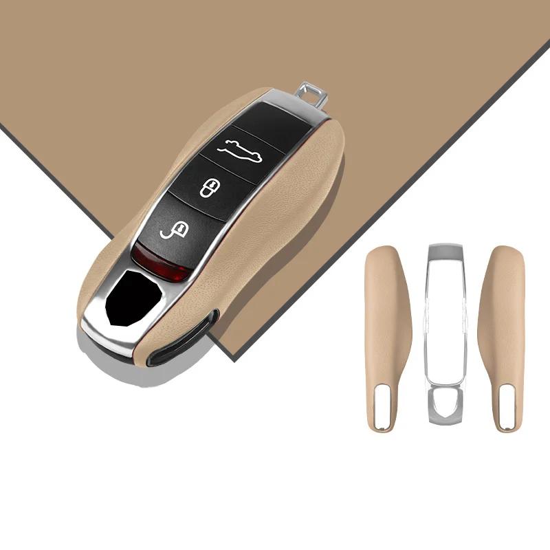 AABKV1 Luxury Genuine Leather for Porsche Boxster Cayman Panamera Cayenne Macan 718/911 Taycan Car Key Case Cover Protective Keychain