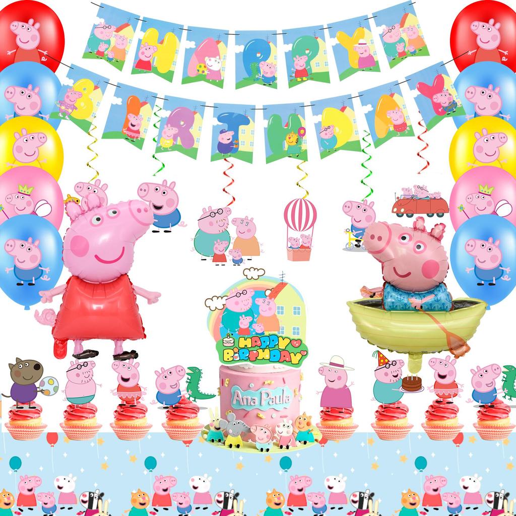 35Pcs Cartoon Party Decorations Set, Cartoon Birthday Party Supplies-Cartoon Birthday Decors Banners Tablecloth Spirals&Cartoon Balloons Cake Toppers