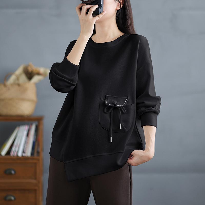 Dimanaf 2025 Новая осень Женская Свободная Повседневная однотонная футболка с круглым вырезом и карманами на пуговицах с длинным рукавом Новый пуловер