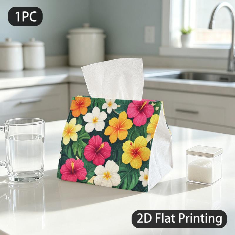 1pc Tissue Box, Tropical Style Hibiscus Plumeria Bright Summer Vibe Pattern, 2D Flat Printing, Polyester Fabric, Take Anywhere, Tissue Bag, for Automo
