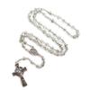 Gray Crystal Rosary Necklaces Catholic Crucifix Cross Pendant Long Necklaces Religious Jewelry for Women Men Gift