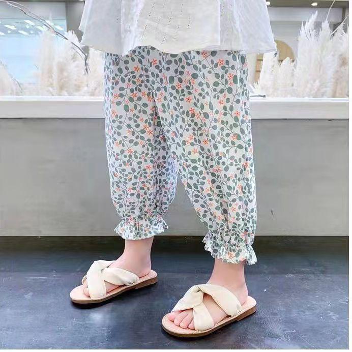 Children's Retro Floral Sun Protection Beach Pants with Mid-High Waist - Versatile Anti-Mosquito Summer Print for Girls
