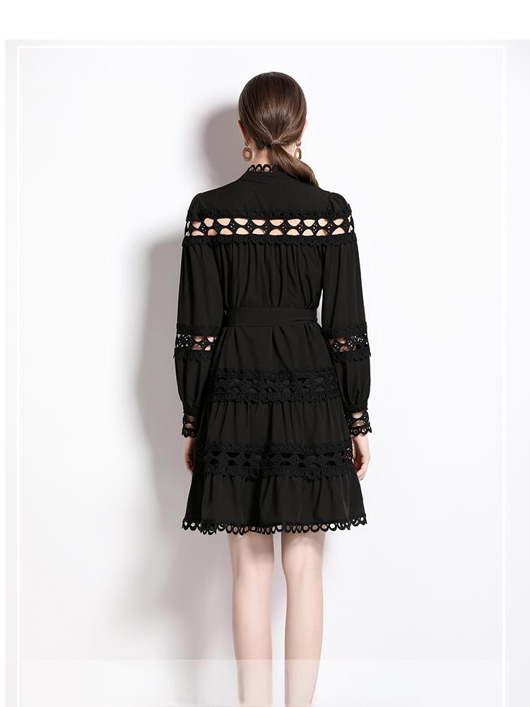 Подиумные женские однобортные платья с воротником-стойкой. Новое весенне-осеннее женское модное белое мини-платье с вышивкой и кружевной отделкой.