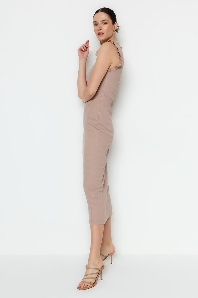 Women's Style Dress Mink Ruffle Detailed Ribbed Bodycone Fitted Midi Smart Flexible Knitted Pencil Dress