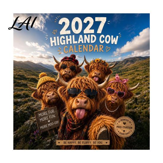 Highland Cow Wall Calendar 2027 Funny Calendar Cute Farm Animal 12 Month Dorm Room Accessory Scottish Hanging Planner for Rustic Home Decor Gift