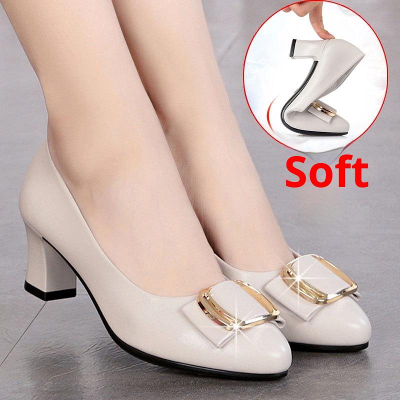 Single Shoes Comfortable Soft Sole Women Spring and Autumn Women's Shoes Middle-aged Shoes Mid-heel Leather Shoes