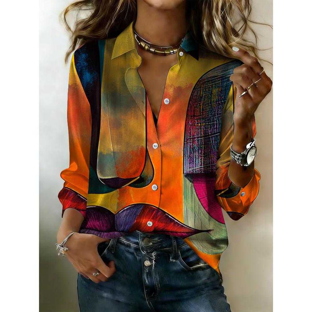 Women's retro abstract print satin blouse with button collar. Suitable for individualized outfits. Full print design, suitable for all seasons.