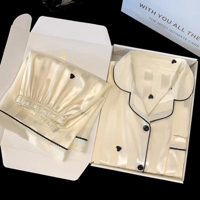 Летняя пижама с коротким рукавом из ледяного шелка, женская, в полоску, можно носить как домашнюю одежду, удобный повседневный костюм