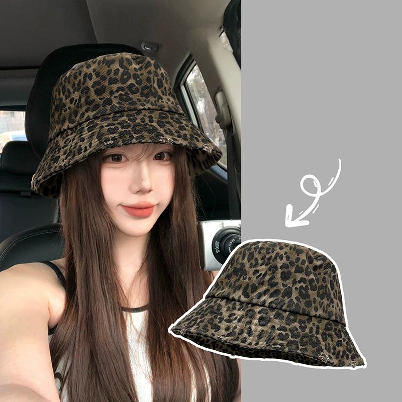Retro Hole Design Leopard Print Bucket Hats For Women Spring And Summer Travel Sunscreen Versatile Casual Simple Basin Cap