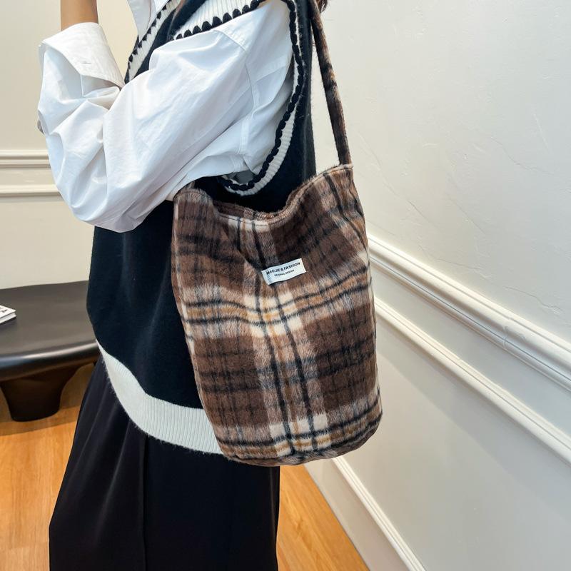 Осенне-зимняя шерстяная наплечная сумка в стиле ретро, клетчатая, для девушки, холщовая сумка для занятий, сумка-тоут, большой вместимости, сумка-жилет