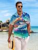 New Men's Casual Short-Sleeve Shirt: Iridescent Cruise Ship Departing from a Warm-Toned Seaside with Flocks of Seagulls, Versatile for Holiday