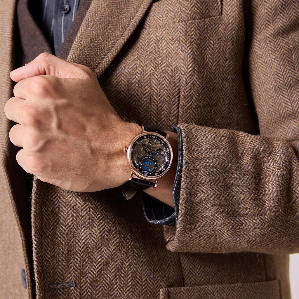 TIME100 роскошные автоматические часы скелетон механические из нержавеющей стали с ремешком из натуральной кожи водонепроницаемость 50 м мужские (Розовое золото)