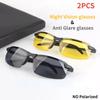 2PCS Night Vision Sun Protection Glasses Men Anti-Glare Driving Goggle Half Frame Polarized Sunglasses for Driver UV400