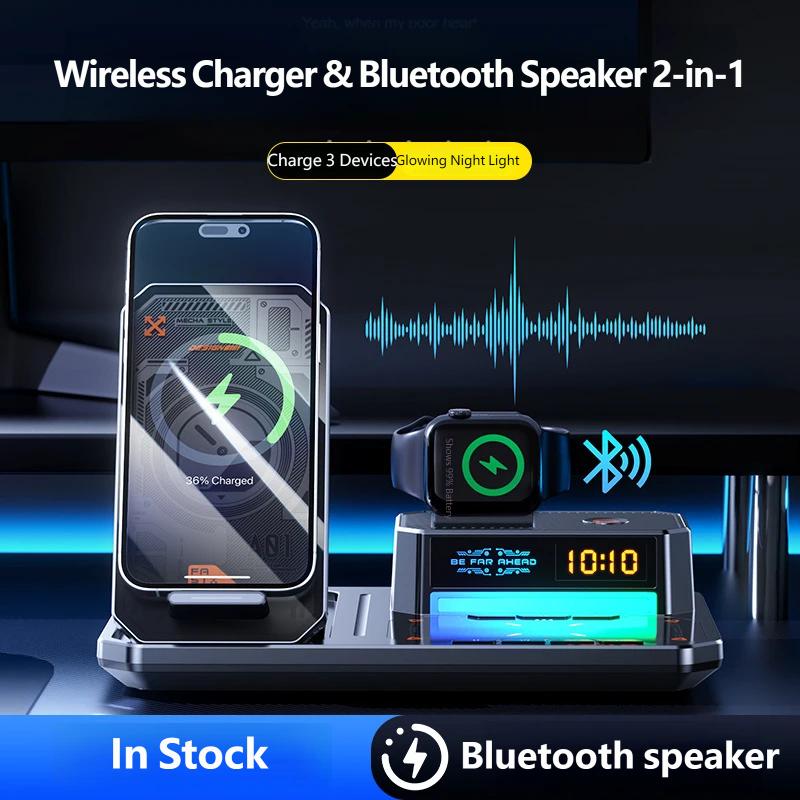 Automatic Lift Dual-Coil 3-in-1 Wireless Charger Station, Fast Charging Dock for Phone Watch Earbuds, Multi-Device Charging Stand with LED Display