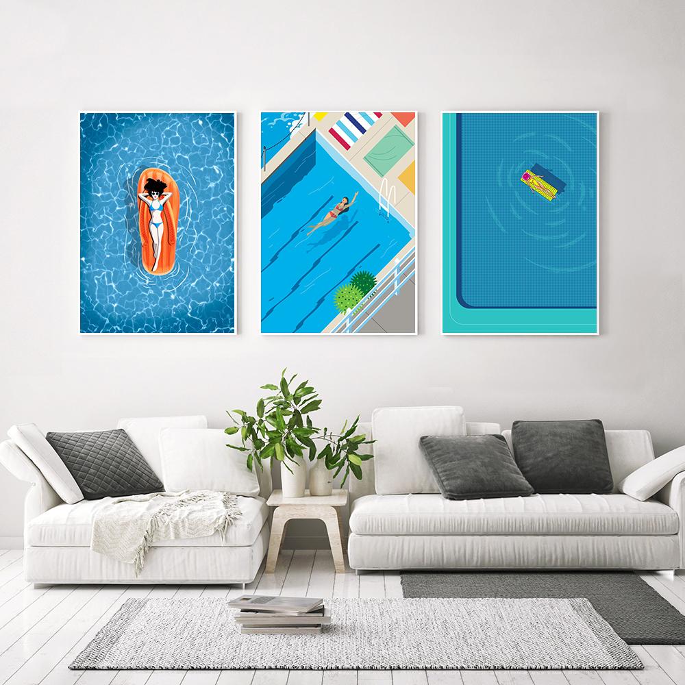 Скандинавская абстрактная настенная живопись, печать на холсте с изображением пловца в бассейнах