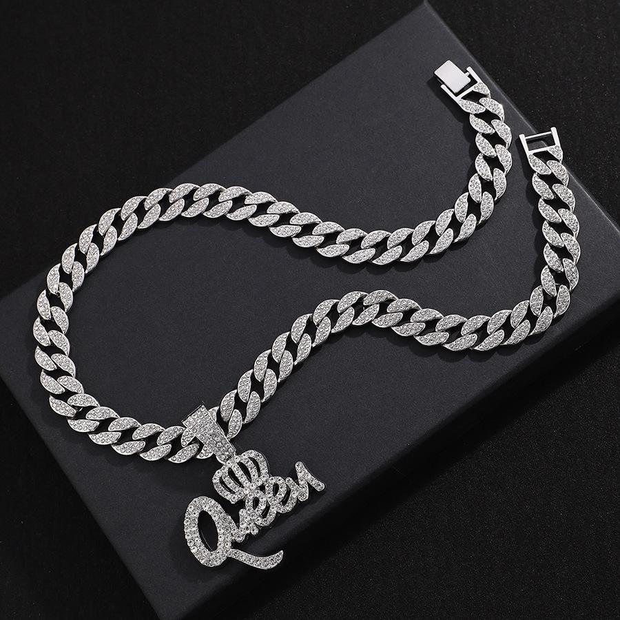 Hip Hop Zinc Alloy Crown QUEEN Letter Full Diamond Pendant Temperament Personality Necklace Jewelry Men