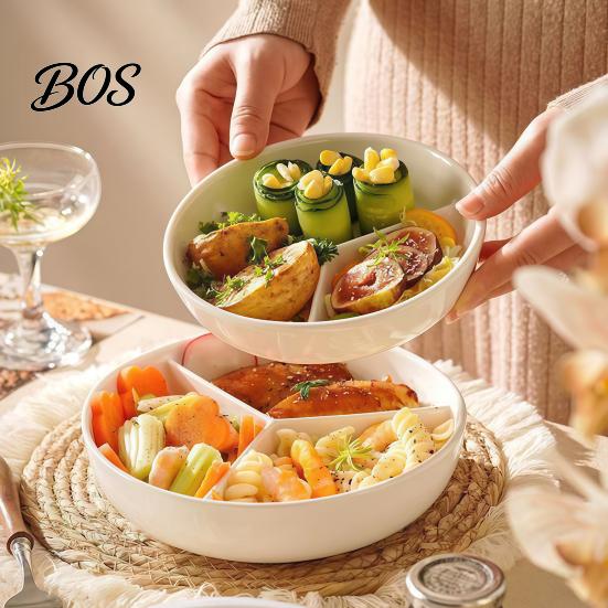 Modern Nordic Style Dinnerware Ceramic Steamer Plate with 3 Divided Compartments, Round Dish Healthy Eating Portion Tray for Food, Rice Meat Vegetable