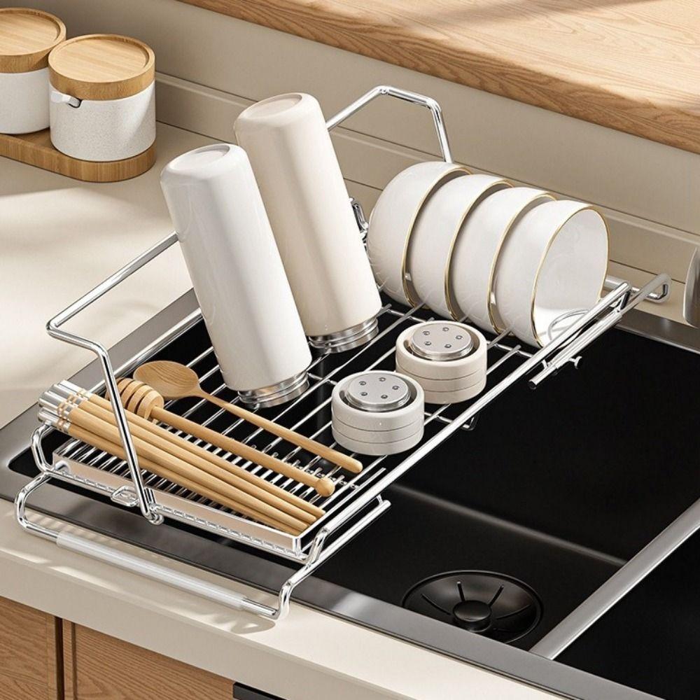 Stainless Steel Sink Drain Basket Non-Slip Dish Drying Rack Utensil Drainer for Kitchen