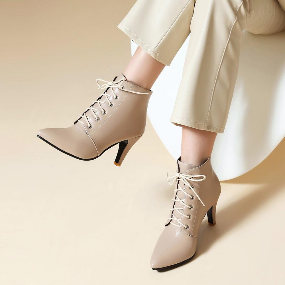 Весенние Коричневые Абрикосовые Женские Ботильоны с Острым Носком на Шнуровке на Высоком Каблуке Маленький Большой Размер 33 47