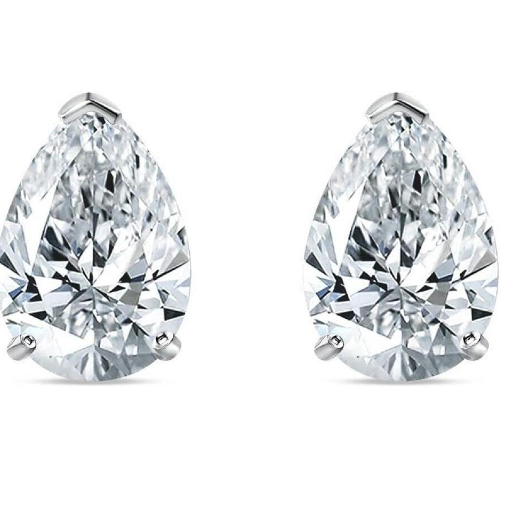 Jewels Prim 4 Ct Pear Teardrop Cut Earrings Studs Solid 14K White Gold Screw Back Basket