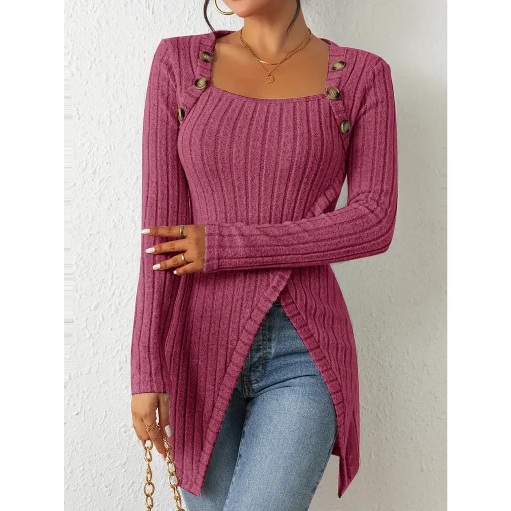 Женские модные топы, трикотажные, с пуговицами, U-образным вырезом, длинными рукавами, высоким боковым разрезом, прямой пуловер, универсальная повседневная футболка