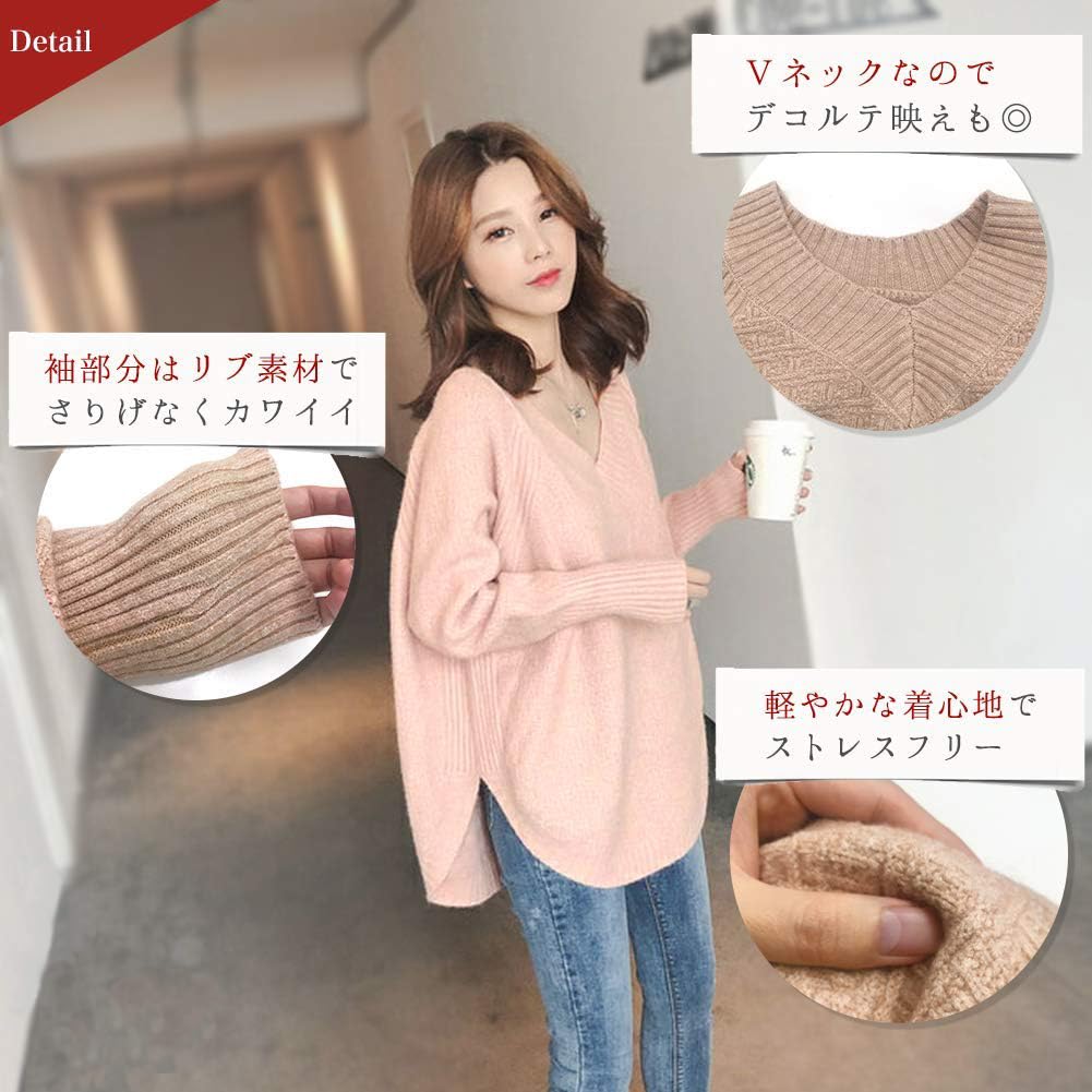 Knit Ribbed Simple Office Fluffy Holiday Simple Room Wear Fluffy Oversized Knit White White White [Second Roots] V-neck Top, Pullover, Hem, Round,