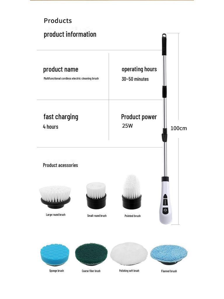 Cordless Electric Spin Scrubber with Long Handle and Crevice Brush for Kitchen and Bathroom
