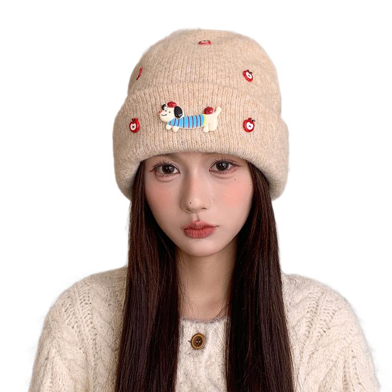 Korean Version of Cute Cartoon Apple Puppy Label Knitted Hat for Women In Autumn and Winter Warm and Sweet Little Woolen Hat Showing Face