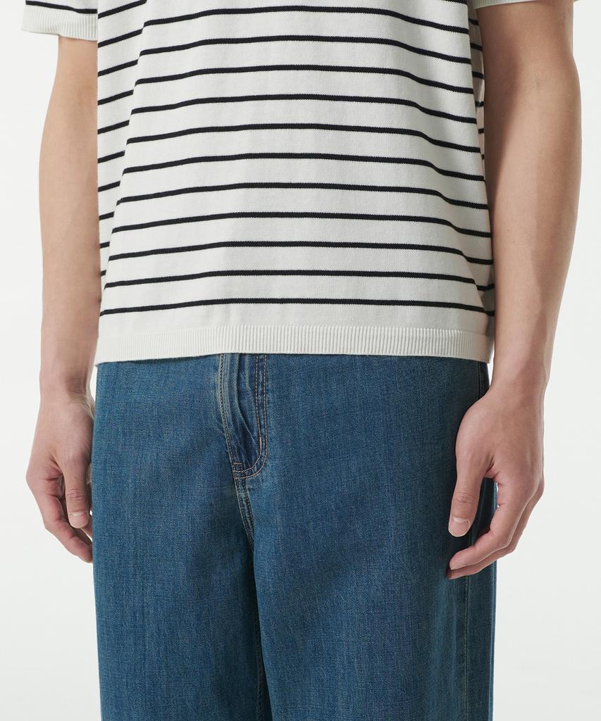 MUSINSA STANDARD Striped Slit Neck Knitted Polo Shirt [White/Black]