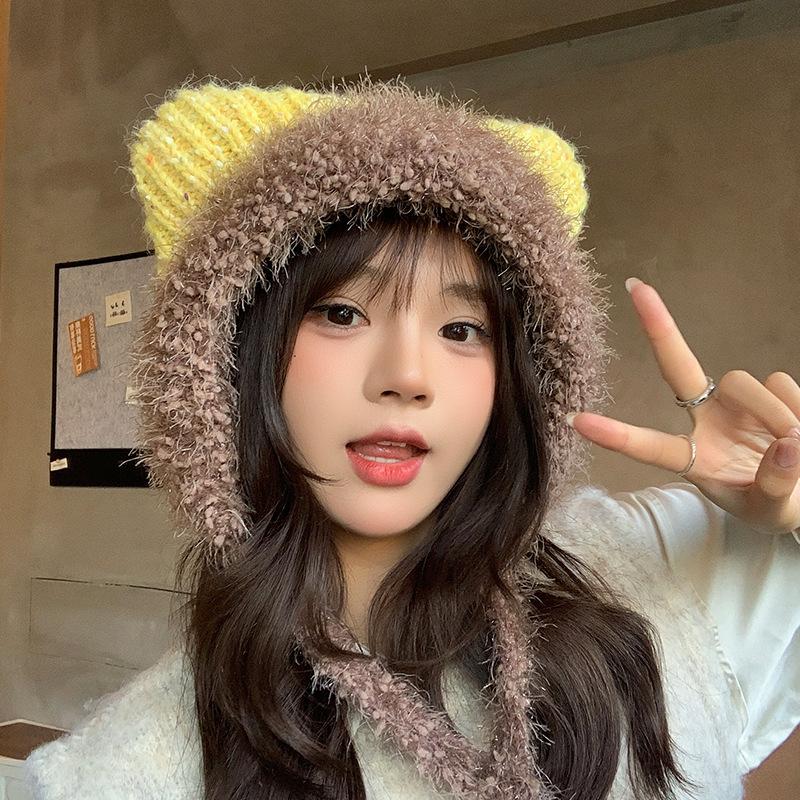 Плюшевая милая шапка с кошачьими ушками, женская зимняя теплая шапка-пуловер с защитой ушей, подчеркивающая лицо, маленькая, универсальная, модная вязаная шерстяная шапка