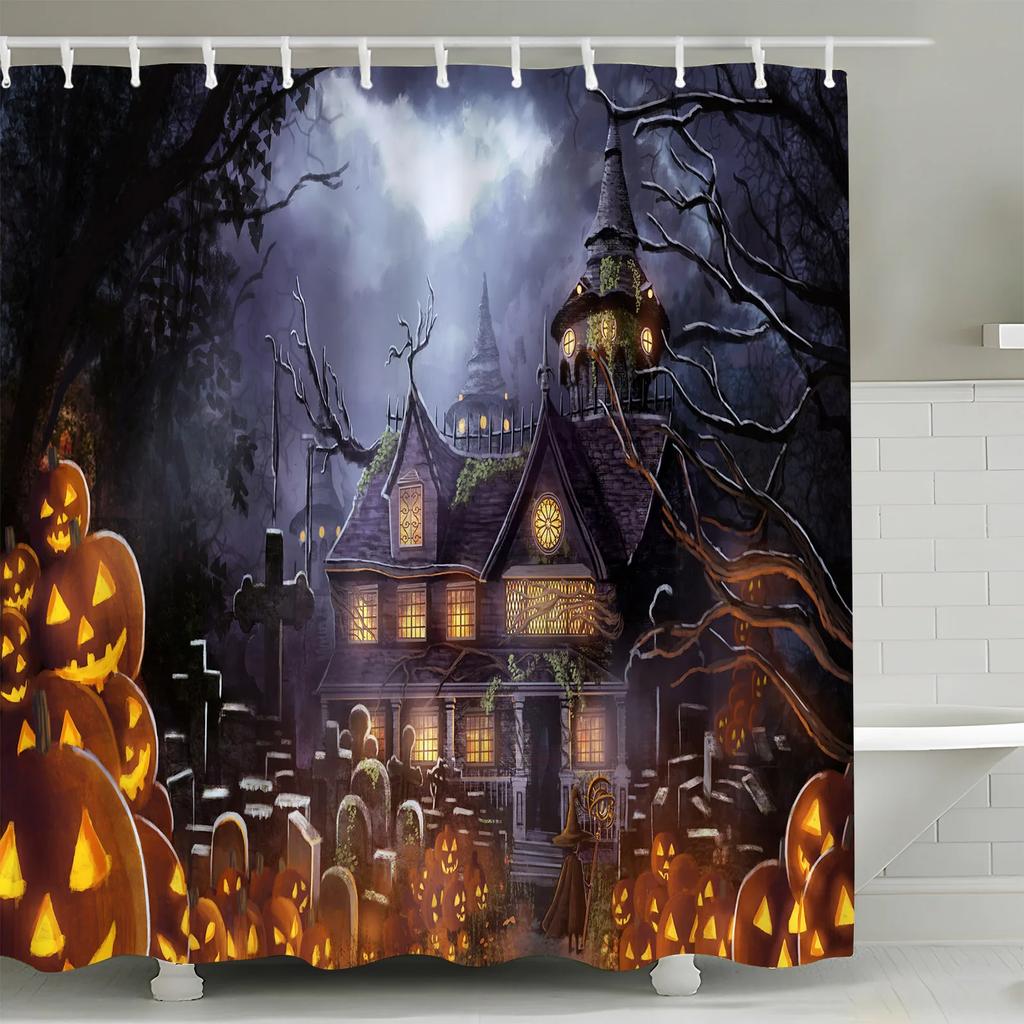 Halloween Skull Shower Curtains Crow Spooky Forest Pumpkin Castle Moon Black Bats Horror Night Bathroom Decor Fabric with Hook