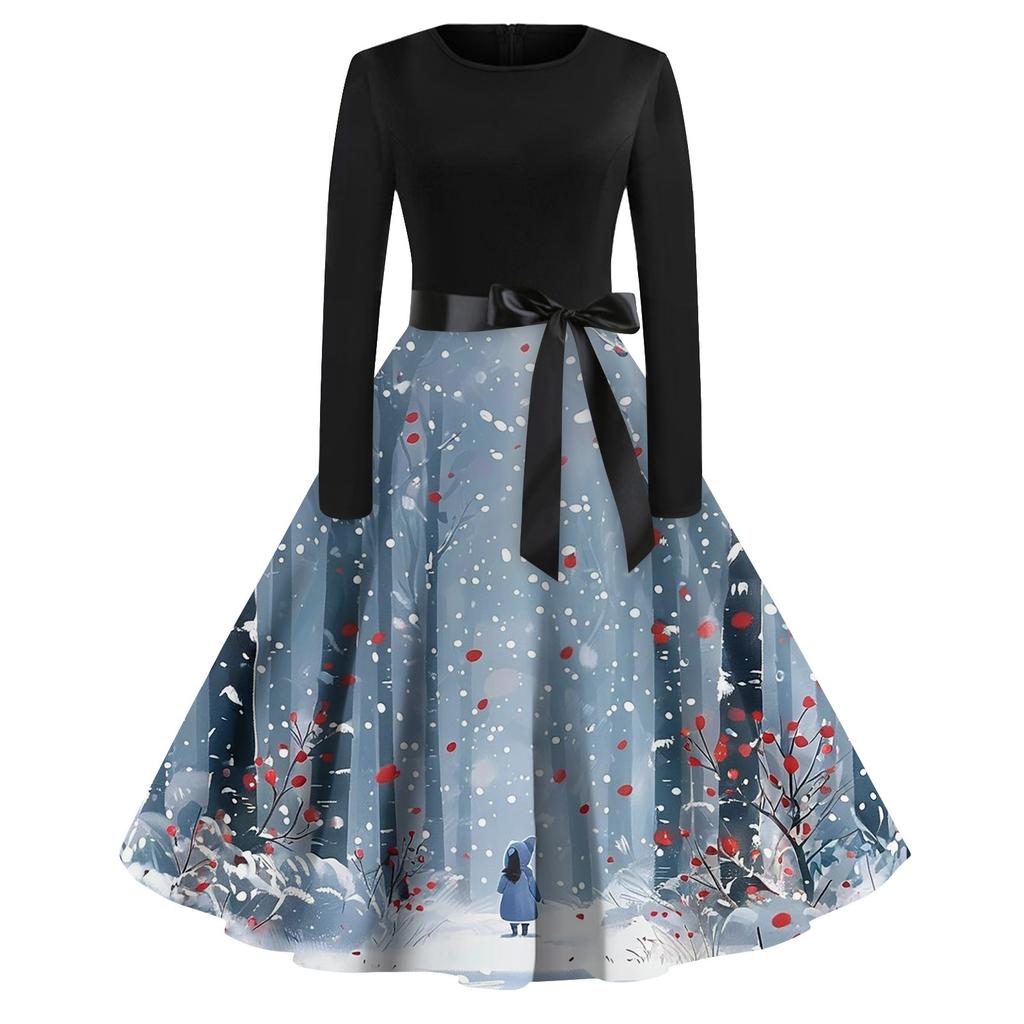 Women's Fashion Vintage Long Sleeve Round Neck Christmas Printed Evening Party Dresses Dresses