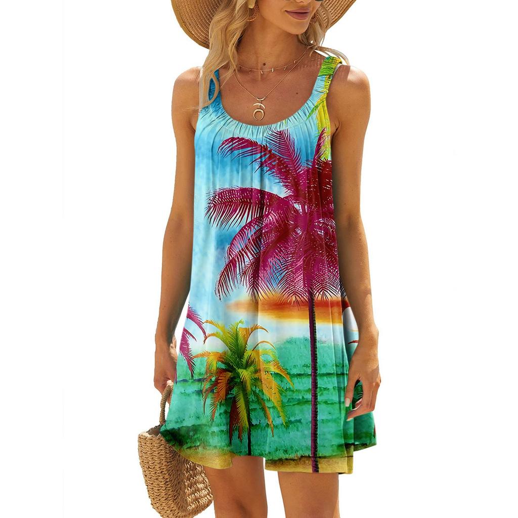Women's Fashion Summer Beach Casual Print Sleeveless Cute Sling Dress