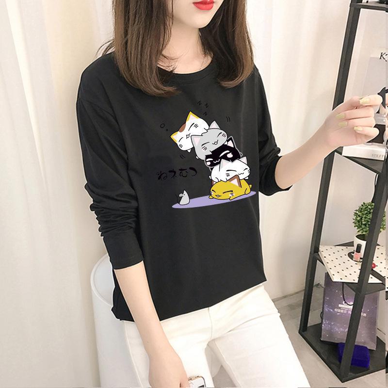 Осень 2023 г. Корейские топы с рисунком - женские футболки с длинными рукавами в однотонных цветах