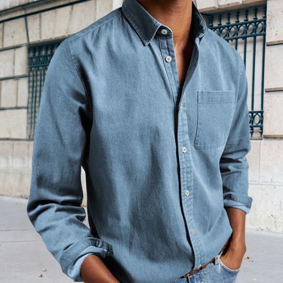 Spring Fall Men Shirt with Chest Pocket Turn-down Collar Button-down Top Long Sleeve Solid Color Loose Cardigan Casual Daily Shirt