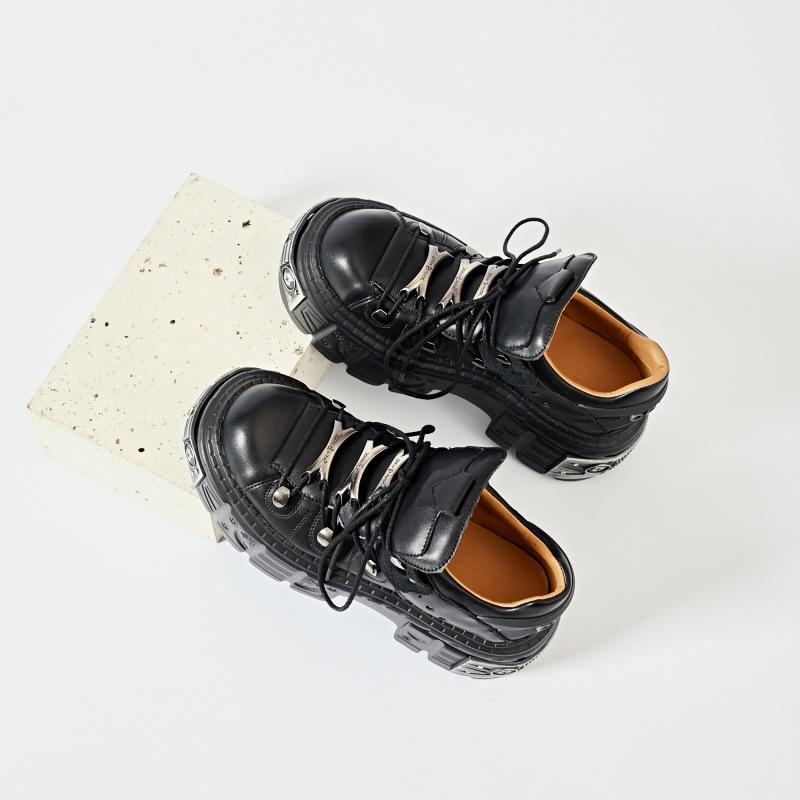 Fashion Women's Black Leather Chunky Sole Shoes - Perfect for Y2K and Grunge Aesthetics