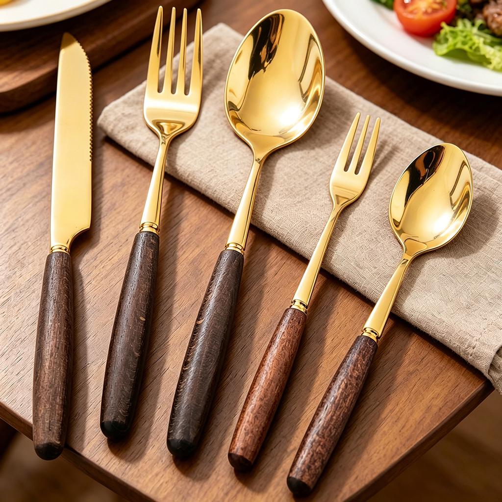 4/5pcs Western Wooden Handle Dinnerware Set Mirror Gold Stainless Steel Tableware Set Knife Fork Coffee Spoon Table Silverware