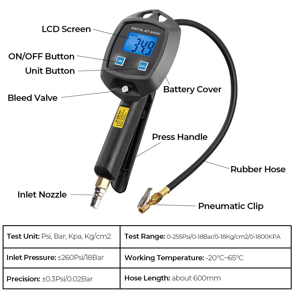 High-precision Monitoring Inflation Gun Tire Pressure Gauge Psi Bar Kpa Kg/cm2 Meter Car Tire Manometro Universal Digital Display
