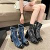 New Women Denim High-heeled Ankle Boots Square Zip Back Chunky Heels Shoes Short Boot