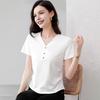 Women T-shirt V-Neck Buttons Decor Short Sleeve T-Shirt Slim Fit Soft Elastic Pullover Tops Commuting Style Tops