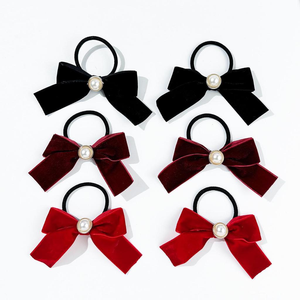 South Korea Pearl Velvet Bow Hair Tie - Sweet Retro Double Ponytail Accessory