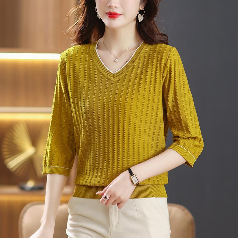 Футболка с v-образным вырезом для мам, женская верхняя рубашка из ледяного шелка с рукавами 3/4, тонкая весенняя модная нижняя рубашка