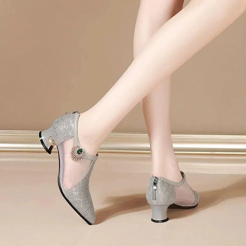 Women Lady Cute Pumps Fashion Sweet Mesh Breathable Spring & Summer Square Heel Shoes