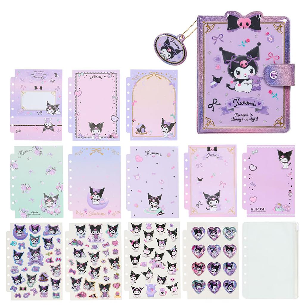 Sanrio 913952 Exciting Sticker & Sticker Notebook, Kuromi Storage, Charm Included, Sticker Mount, Stick and Peel, Case with Slider, Letter Style Memo